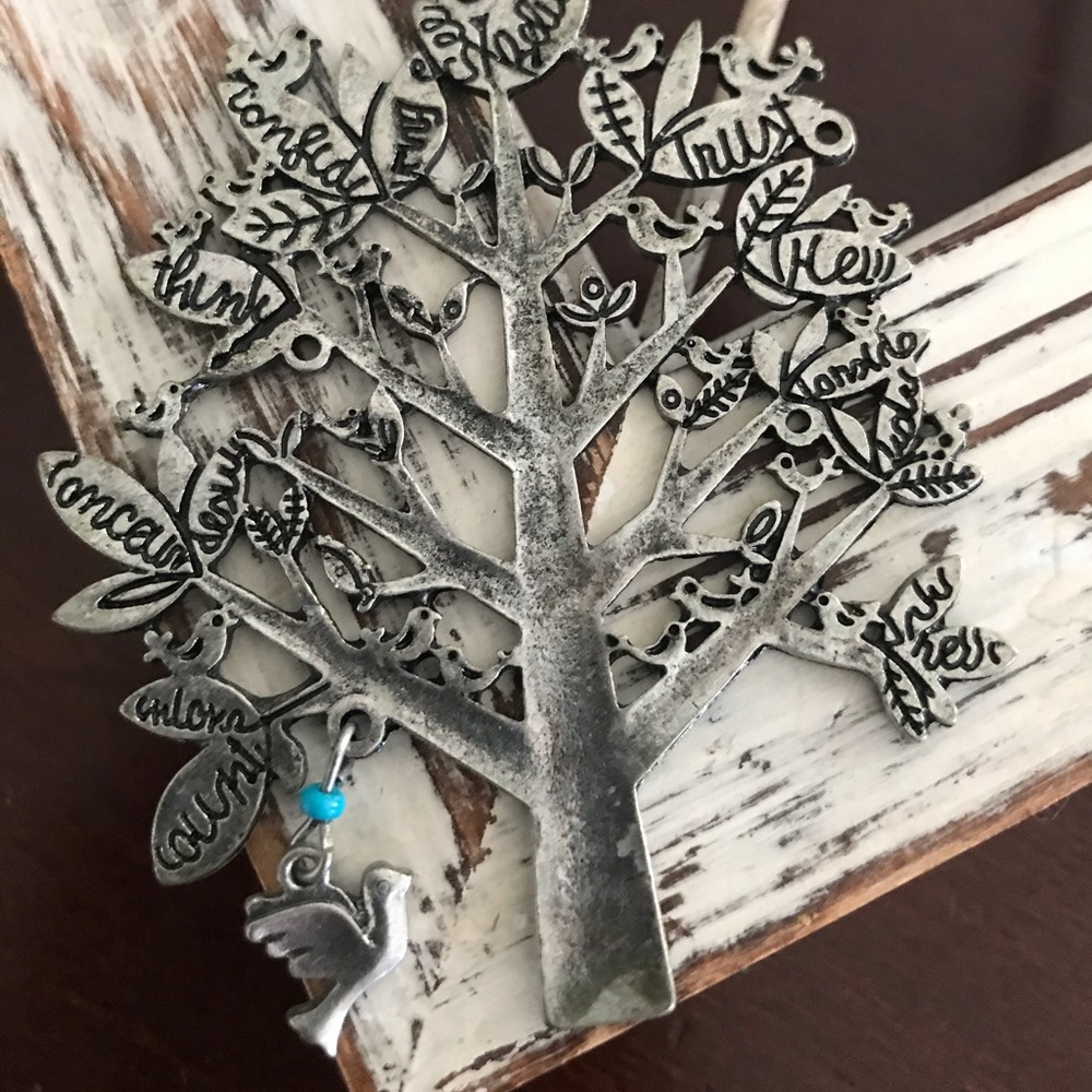 Tree with Flying Bird Accent & Blue bead Necklace
